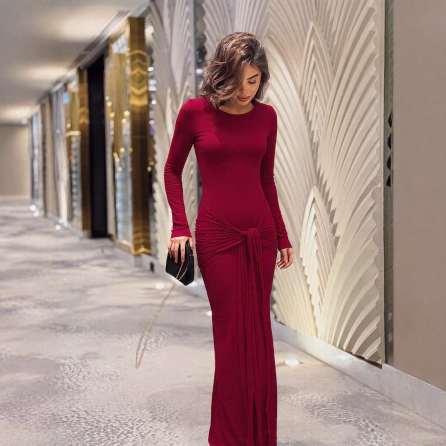 Womens Long-sleeve Body-hugging Crew-neck Fashionable Sheath Dress