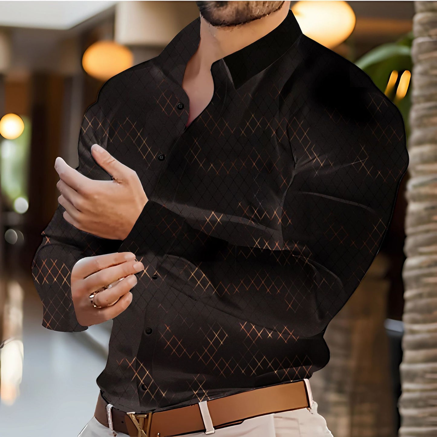 Stylish Mens Casual Long-Sleeve Shirt With Geometric Gold-Stamped Print