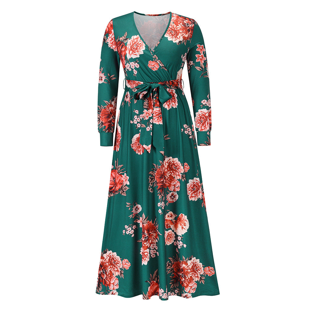 Women's Plus Size New V-neck Long-sleeved Floral Knitted Dress