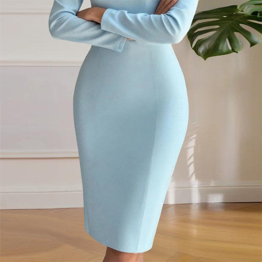 Women's Vintage Elegant Pencil Dress, Long Sleeve Solid Color Bodycon Gown For Fall And Winter Parties