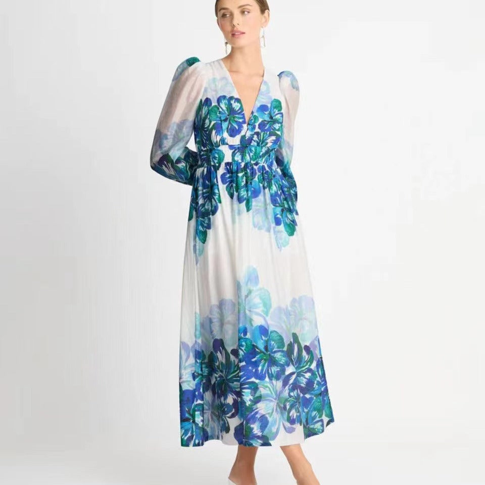 Women's Fashionable Printed V-Neck Long Dress With Puff Sleeves