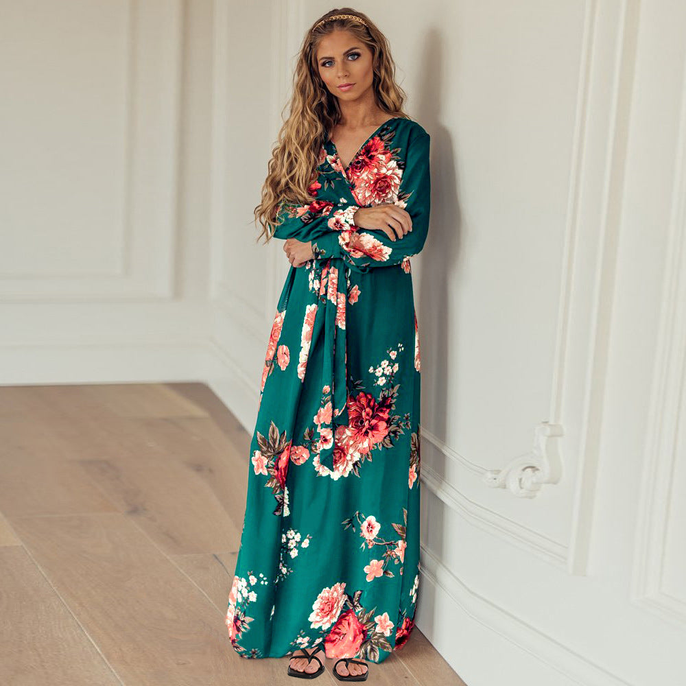 Women's Plus Size New V-neck Long-sleeved Floral Knitted Dress