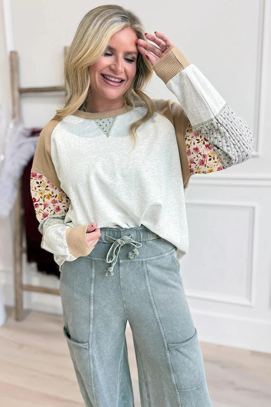 Light Gray Mixed-Color Printed Raglan-Sleeve Patchwork Open-Stitch Pullover