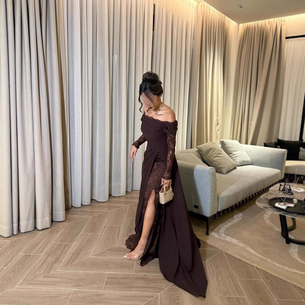 Off-the-shoulder Patchwork Lace Long-sleeve Flared Elegant Vintage Dress