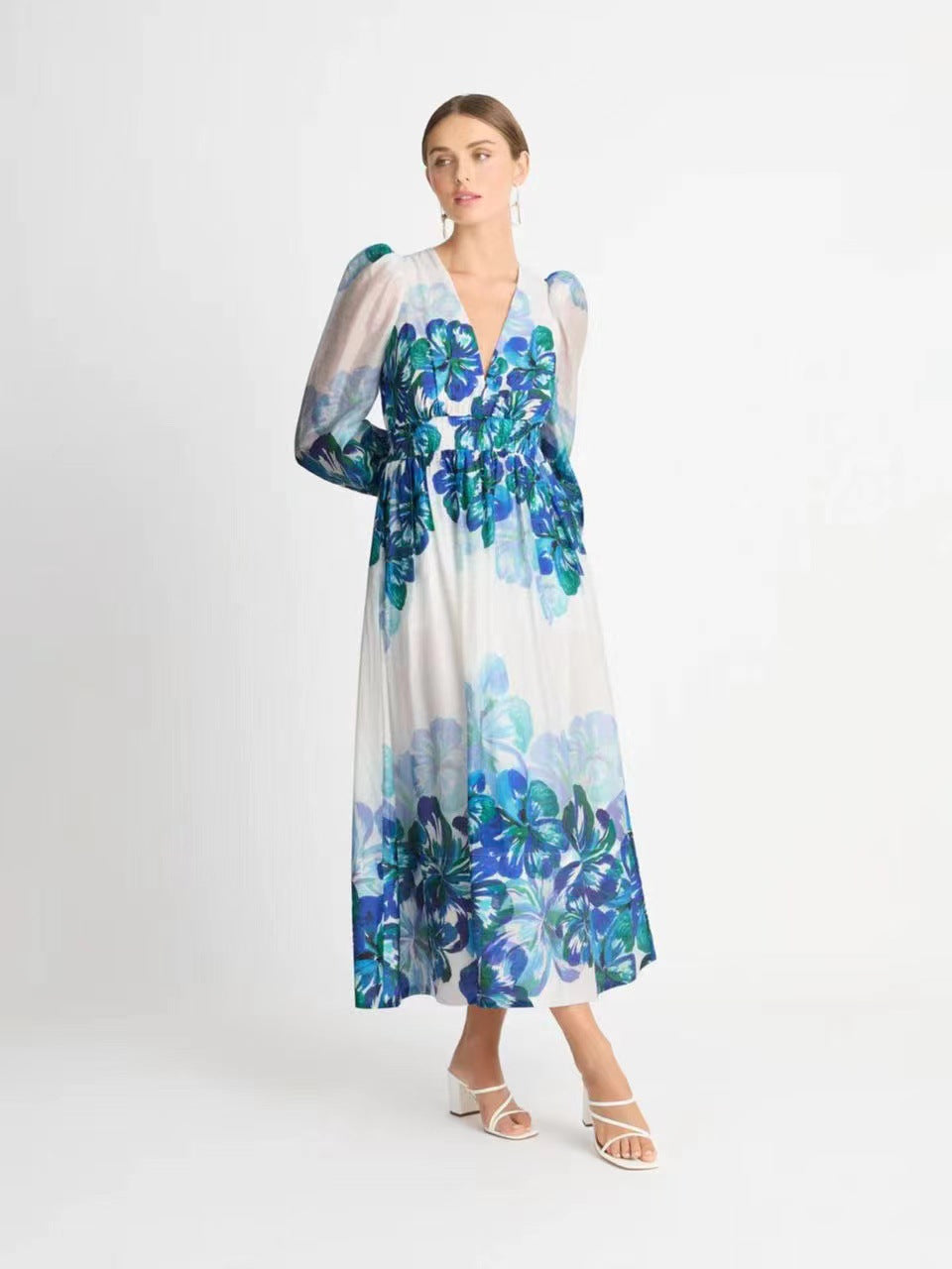 Women's Fashionable Printed V-Neck Long Dress With Puff Sleeves