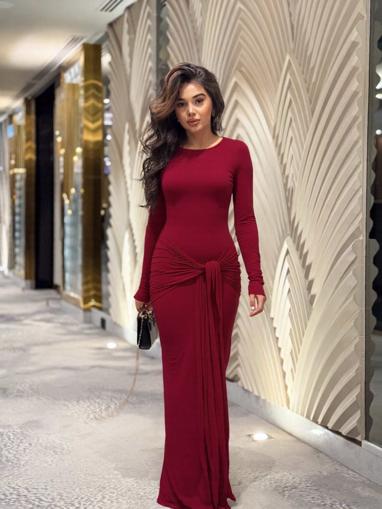 Womens Long-sleeve Body-hugging Crew-neck Fashionable Sheath Dress