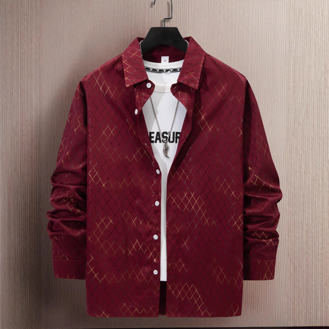 Stylish Mens Casual Long-Sleeve Shirt With Geometric Gold-Stamped Print