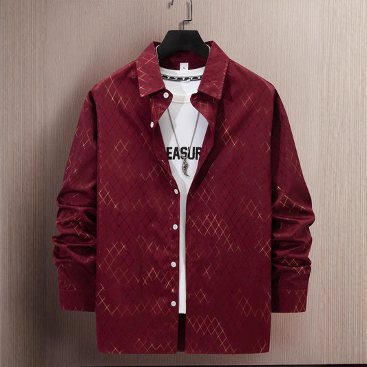 Stylish Mens Casual Long-Sleeve Shirt With Geometric Gold-Stamped Print
