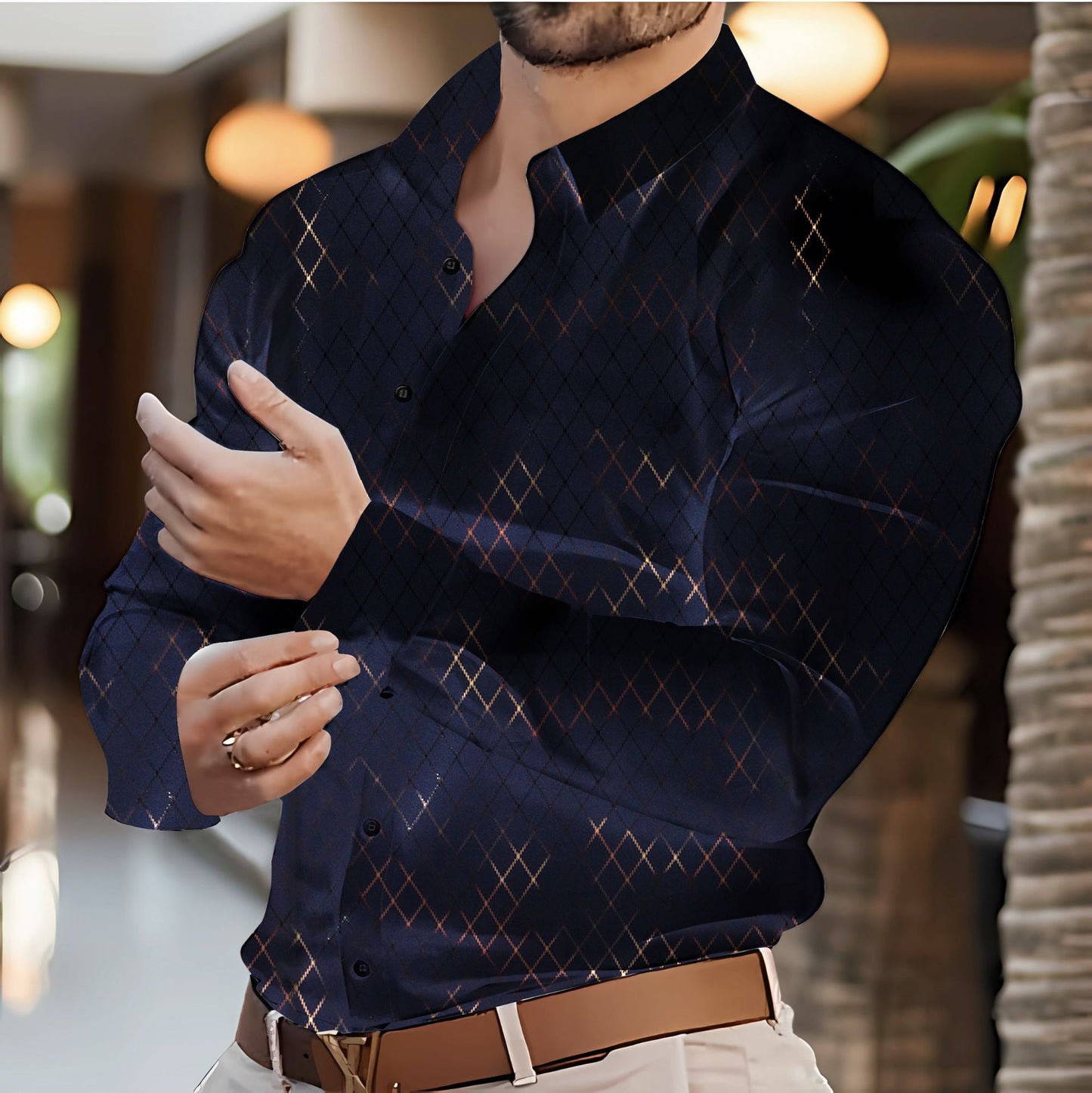 Stylish Mens Casual Long-Sleeve Shirt With Geometric Gold-Stamped Print