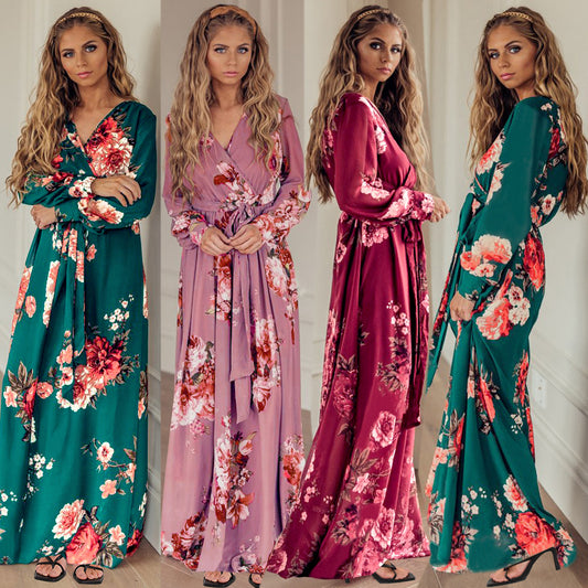 Women's Plus Size New V-neck Long-sleeved Floral Knitted Dress