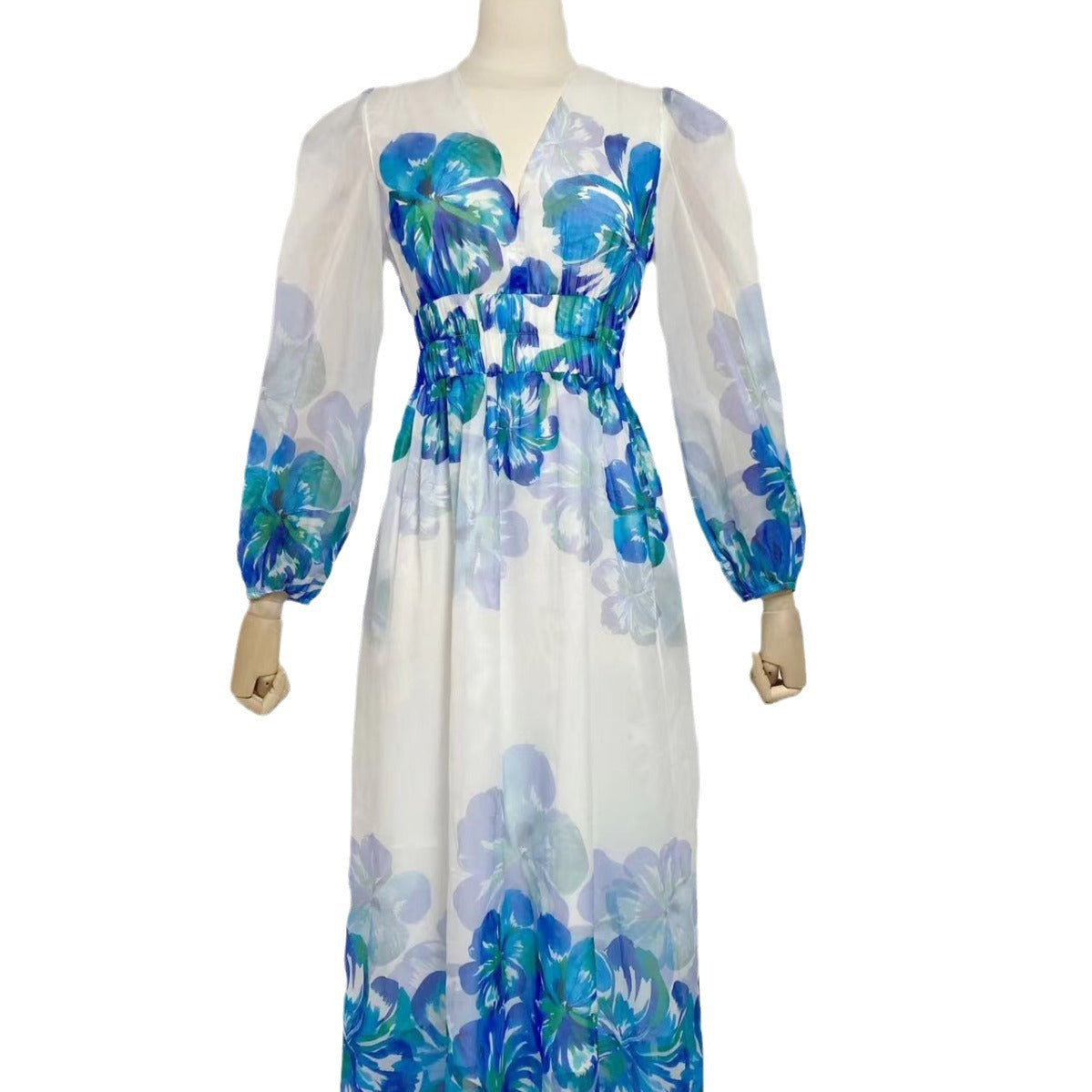 Women's Fashionable Printed V-Neck Long Dress With Puff Sleeves