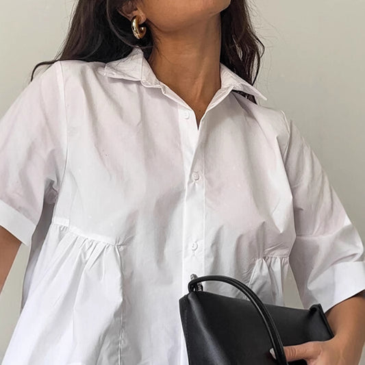 French-style Relaxed-fit White Lapel Shirt For Women