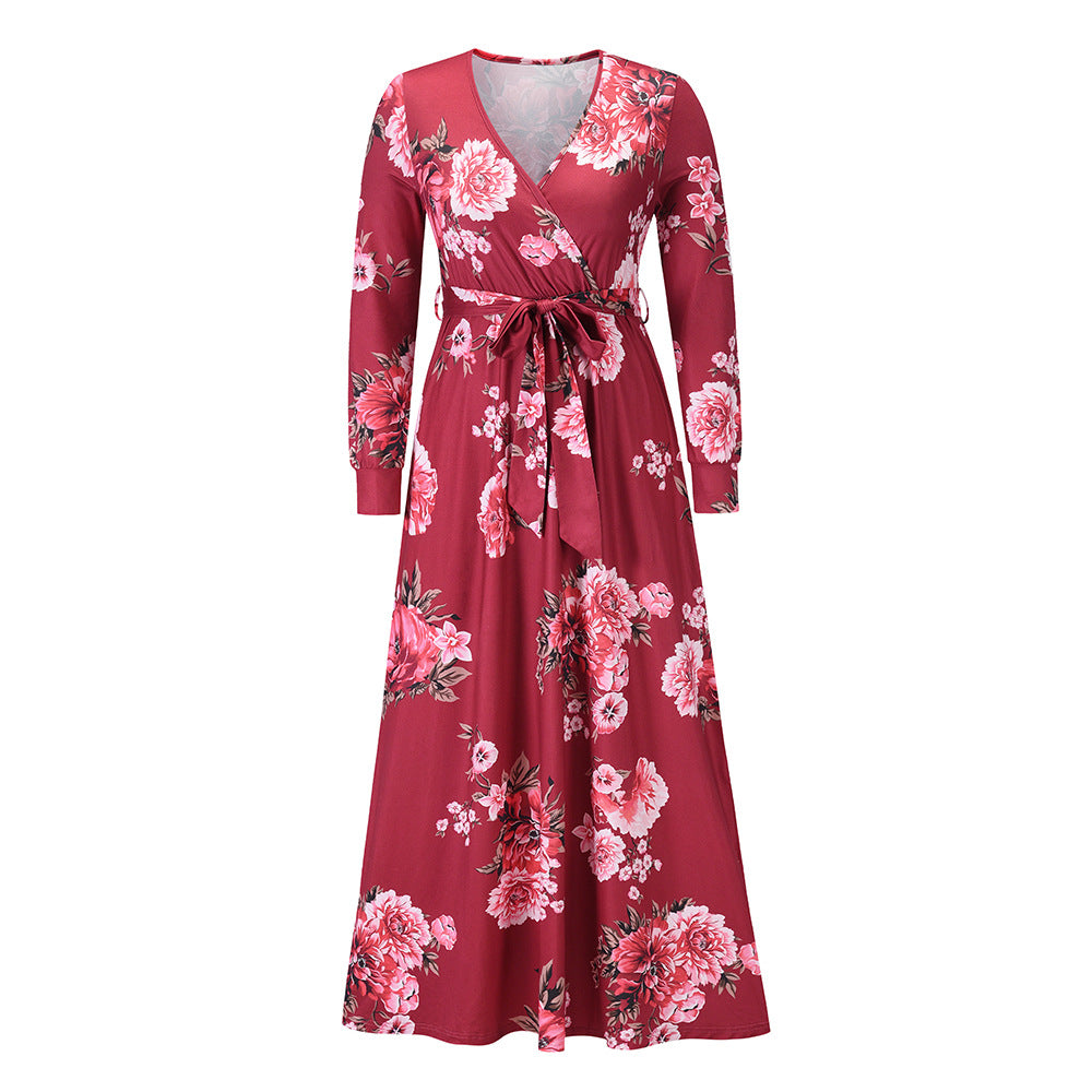 Women's Plus Size New V-neck Long-sleeved Floral Knitted Dress