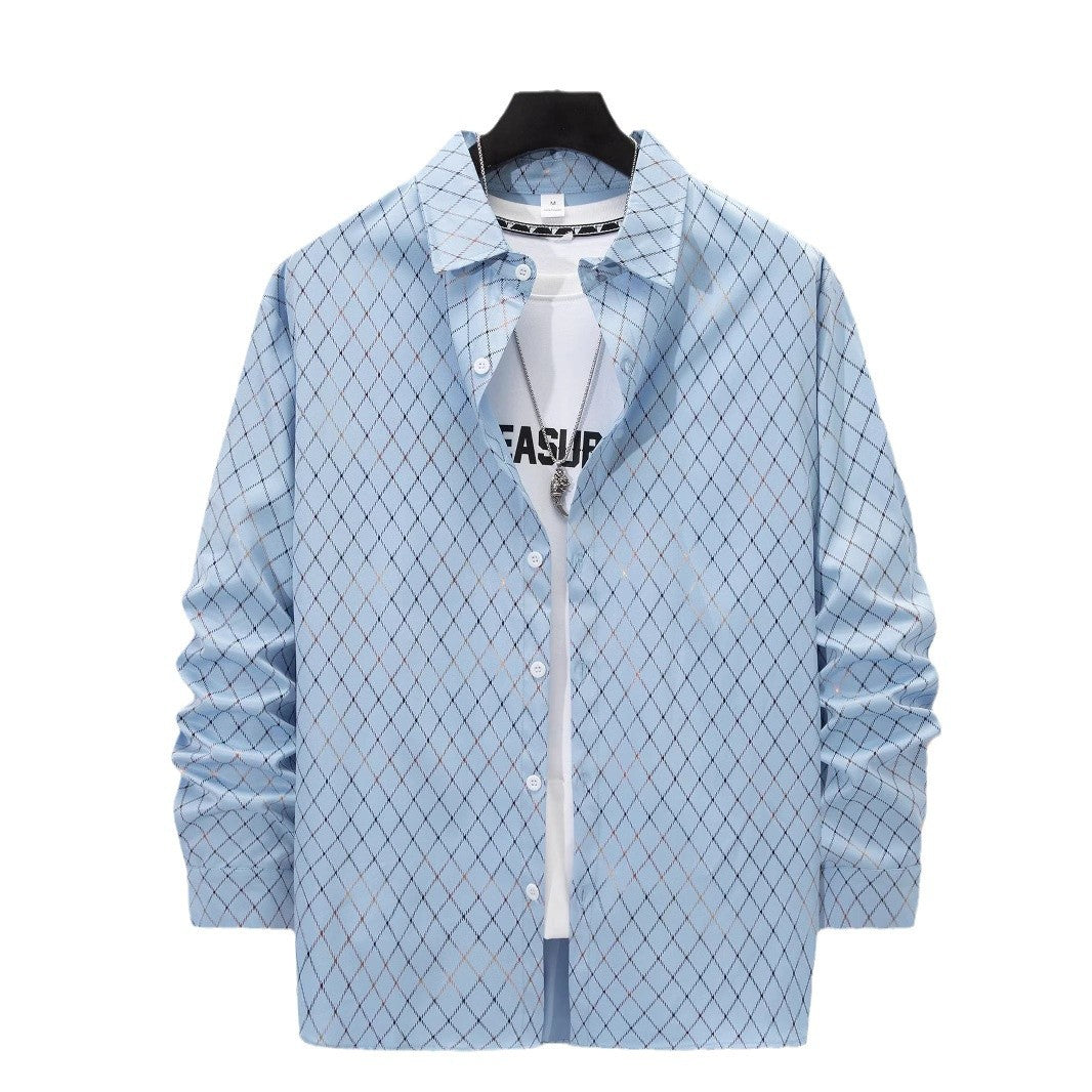 Stylish Mens Casual Long-Sleeve Shirt With Geometric Gold-Stamped Print