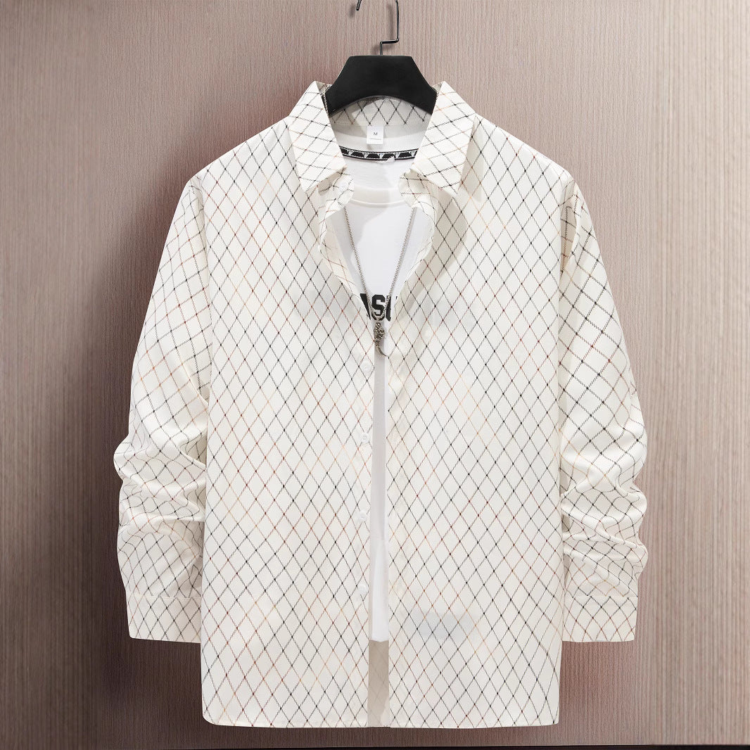 Stylish Mens Casual Long-Sleeve Shirt With Geometric Gold-Stamped Print