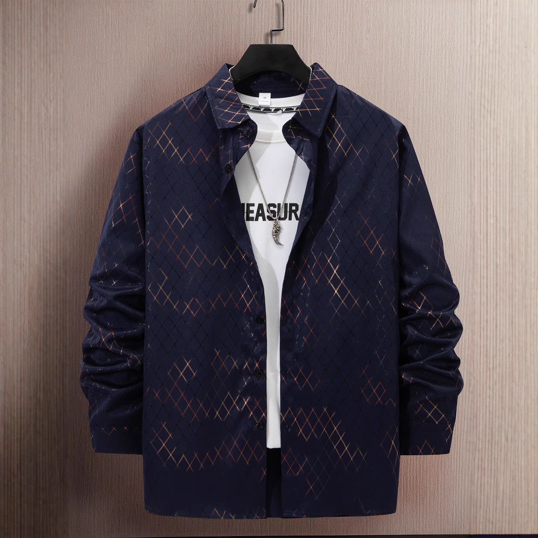 Stylish Mens Casual Long-Sleeve Shirt With Geometric Gold-Stamped Print